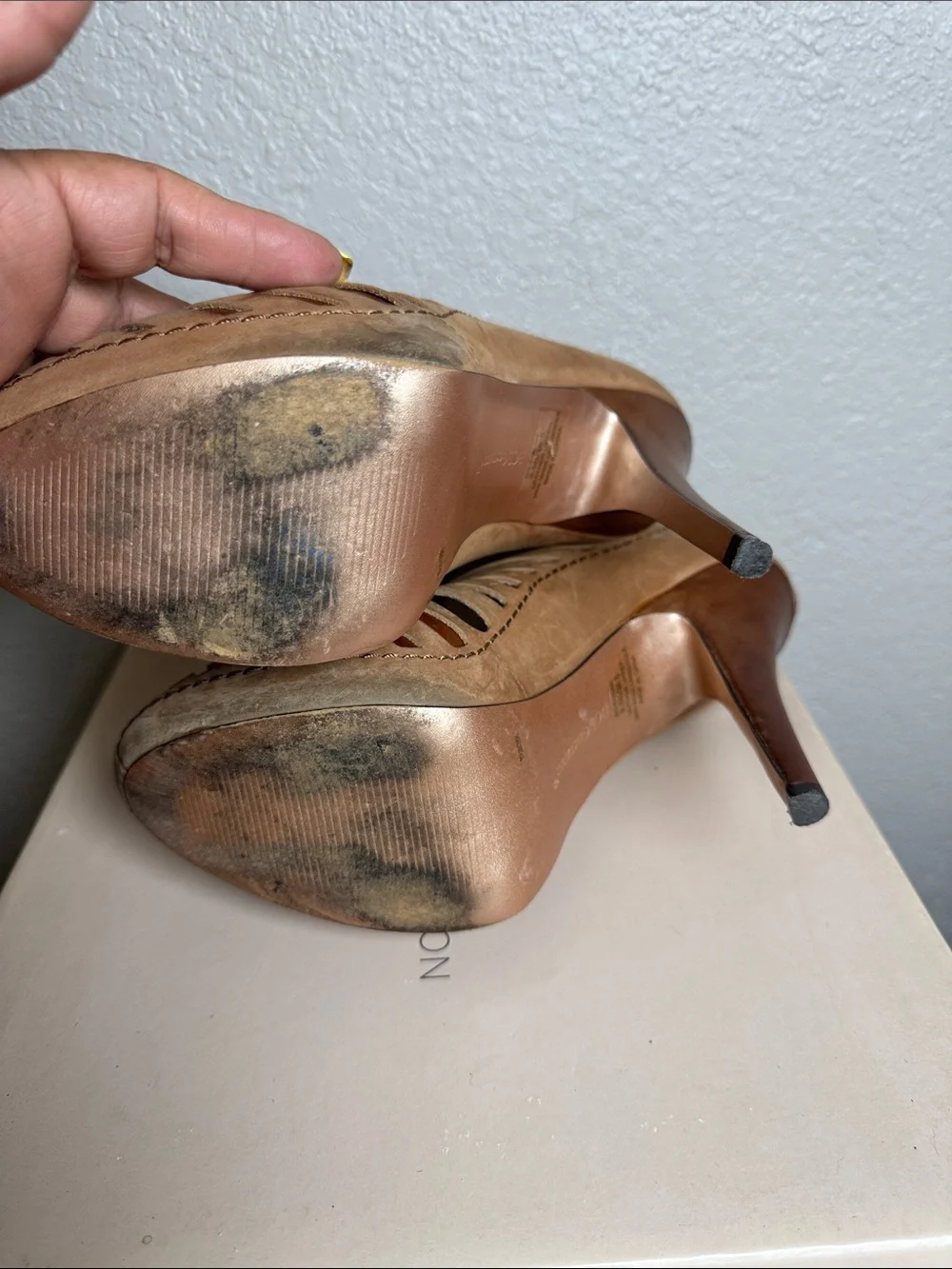 BCBGeneration Tan Cutout Stiletto Ankle Booties